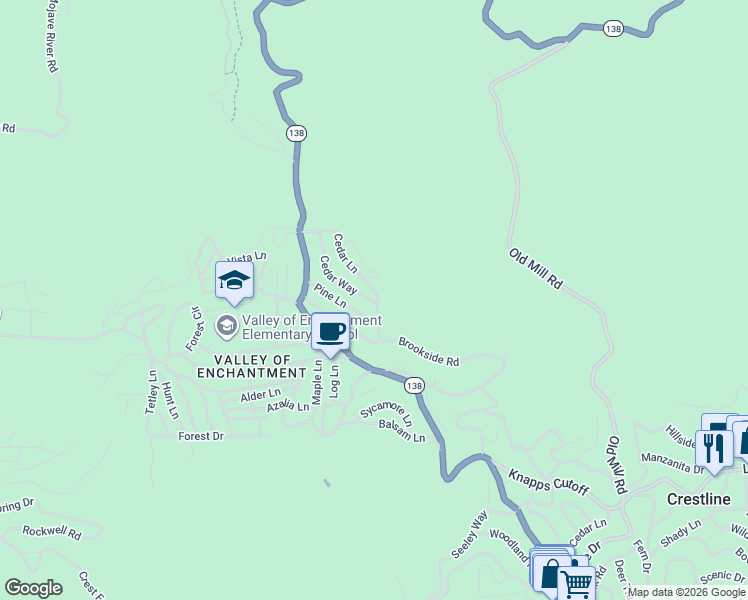 map of restaurants, bars, coffee shops, grocery stores, and more near 23094 Cedar Way in Crestline