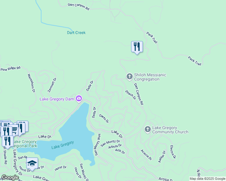 map of restaurants, bars, coffee shops, grocery stores, and more near 24796 Edelweiss Drive in Crestline