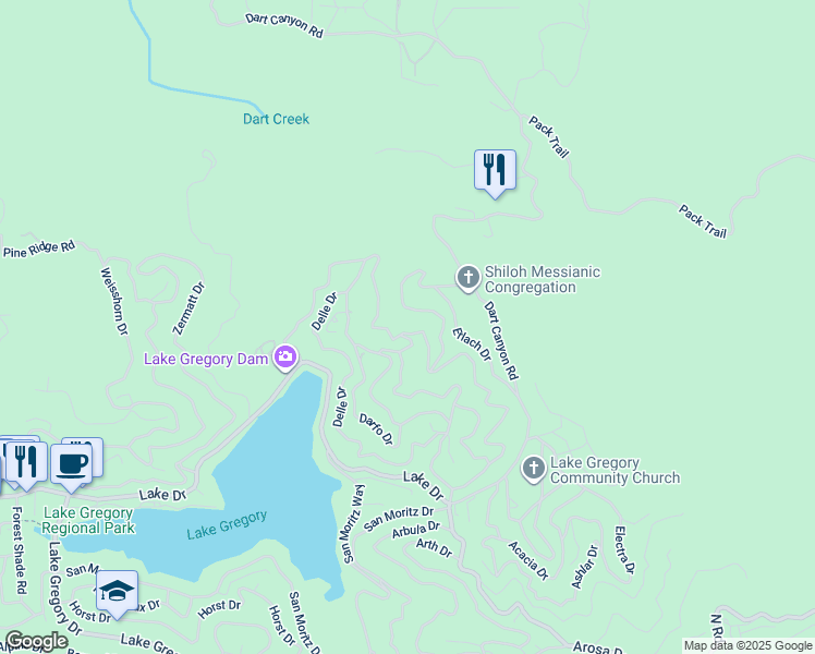 map of restaurants, bars, coffee shops, grocery stores, and more near 24796 Edelweiss Drive in Crestline