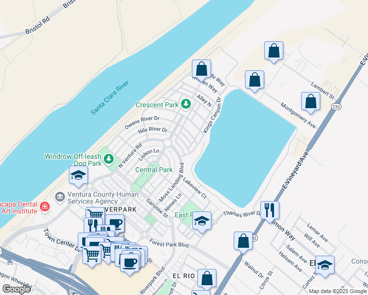 map of restaurants, bars, coffee shops, grocery stores, and more near 520 Nile River Drive in Oxnard