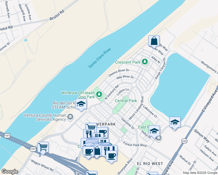 map of restaurants, bars, coffee shops, grocery stores, and more near 746 Nile River Drive in Oxnard