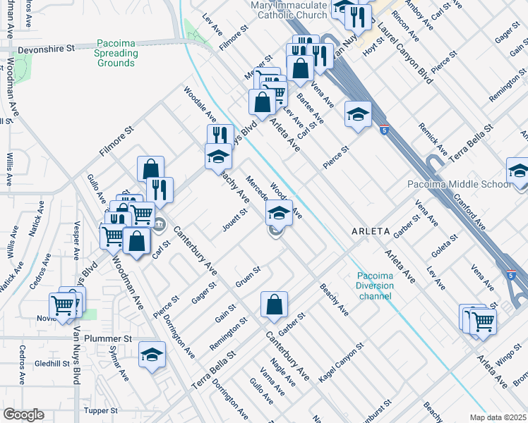 map of restaurants, bars, coffee shops, grocery stores, and more near 9808 Beachy Avenue in Los Angeles