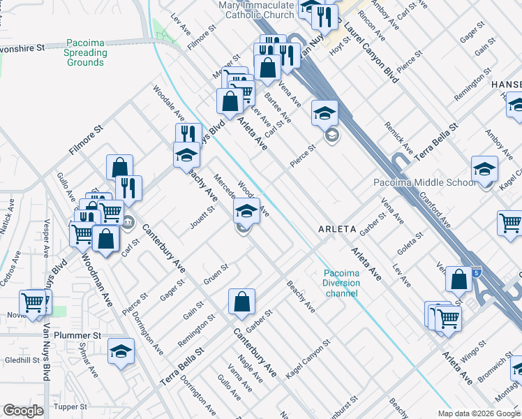 map of restaurants, bars, coffee shops, grocery stores, and more near 9832 Woodale Avenue in Los Angeles