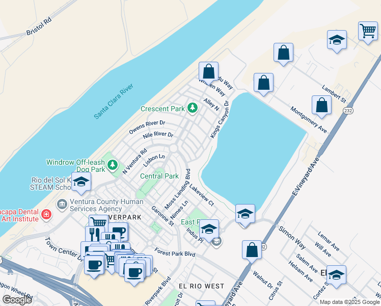 map of restaurants, bars, coffee shops, grocery stores, and more near 520 Nile River Drive in Oxnard