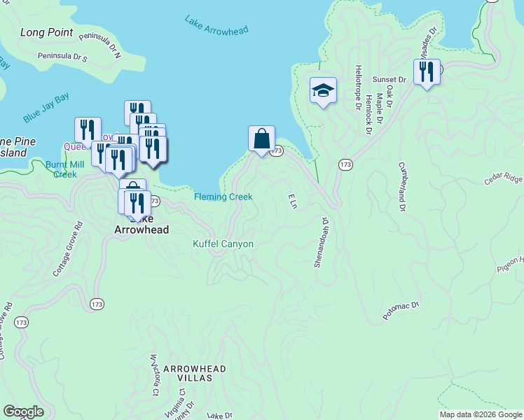 map of restaurants, bars, coffee shops, grocery stores, and more near 238 C Lane in Lake Arrowhead
