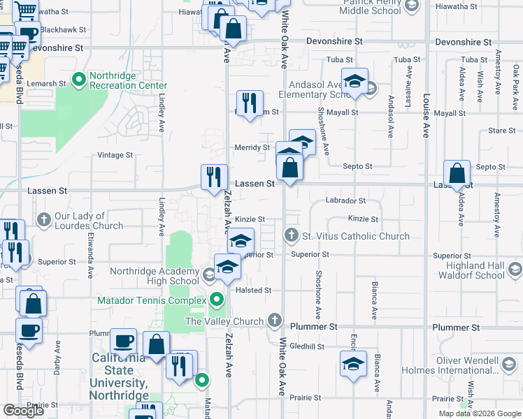 map of restaurants, bars, coffee shops, grocery stores, and more near 17735 Kinzie Street in Los Angeles