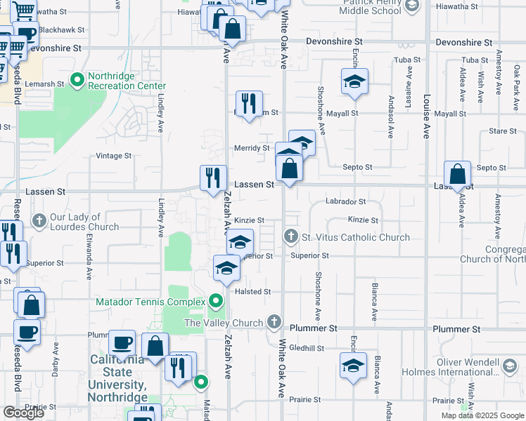 map of restaurants, bars, coffee shops, grocery stores, and more near 17735 Kinzie Street in Los Angeles