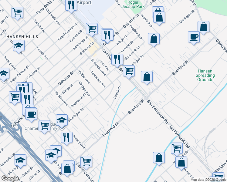 map of restaurants, bars, coffee shops, grocery stores, and more near 12553 Debell Street in Los Angeles
