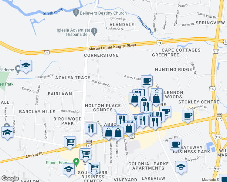 map of restaurants, bars, coffee shops, grocery stores, and more near 4641 Crawdad Court in Wilmington
