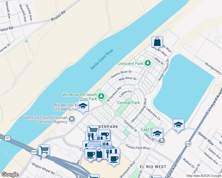 map of restaurants, bars, coffee shops, grocery stores, and more near 746 Nile River Drive in Oxnard
