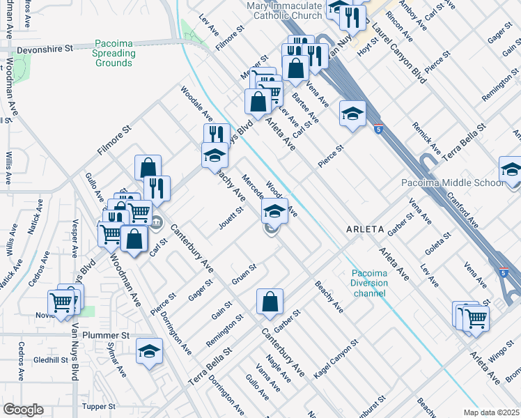map of restaurants, bars, coffee shops, grocery stores, and more near 9808 Beachy Avenue in Los Angeles