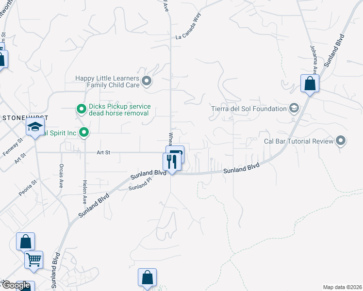 map of restaurants, bars, coffee shops, grocery stores, and more near 10346 Siesta Drive in Los Angeles