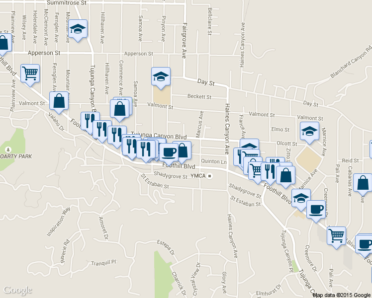 map of restaurants, bars, coffee shops, grocery stores, and more near 10041 Tujunga Canyon Boulevard in Los Angeles