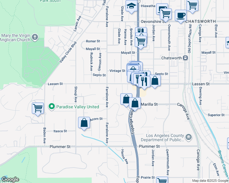 map of restaurants, bars, coffee shops, grocery stores, and more near 9835 Nevada Avenue in Los Angeles