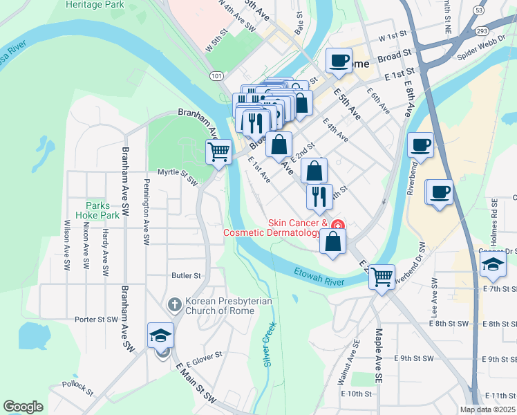 map of restaurants, bars, coffee shops, grocery stores, and more near 1 East 3rd Street in Rome