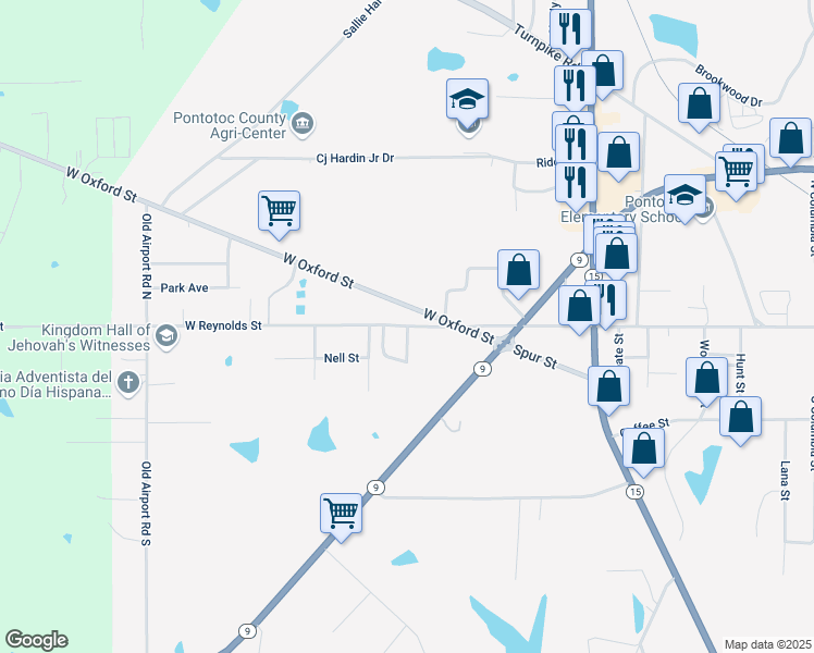 map of restaurants, bars, coffee shops, grocery stores, and more near 411 West Reynolds Street in Pontotoc