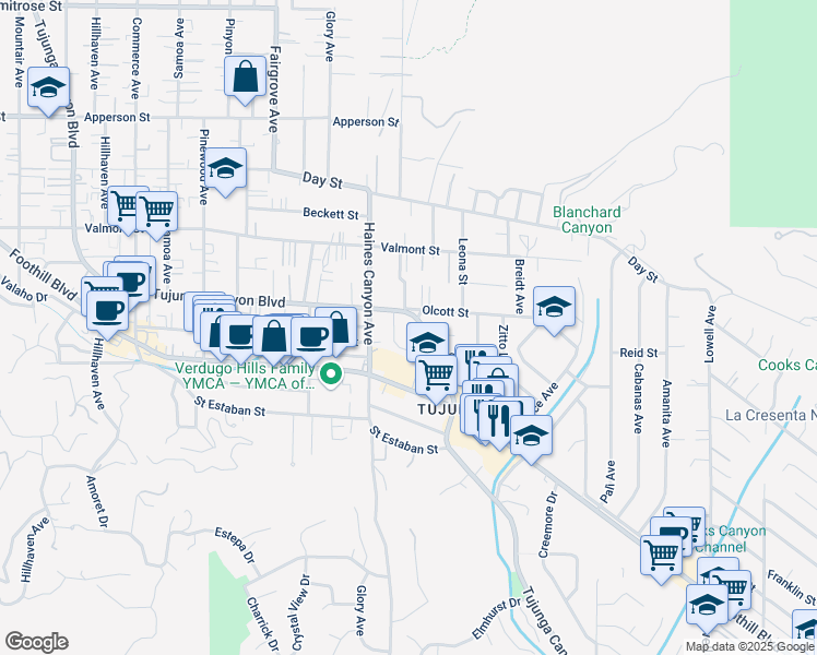 map of restaurants, bars, coffee shops, grocery stores, and more near 9947 Tujunga Canyon Boulevard in Los Angeles
