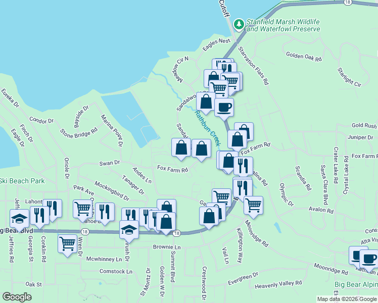 map of restaurants, bars, coffee shops, grocery stores, and more near 100 Business Center Drive in Big Bear Lake