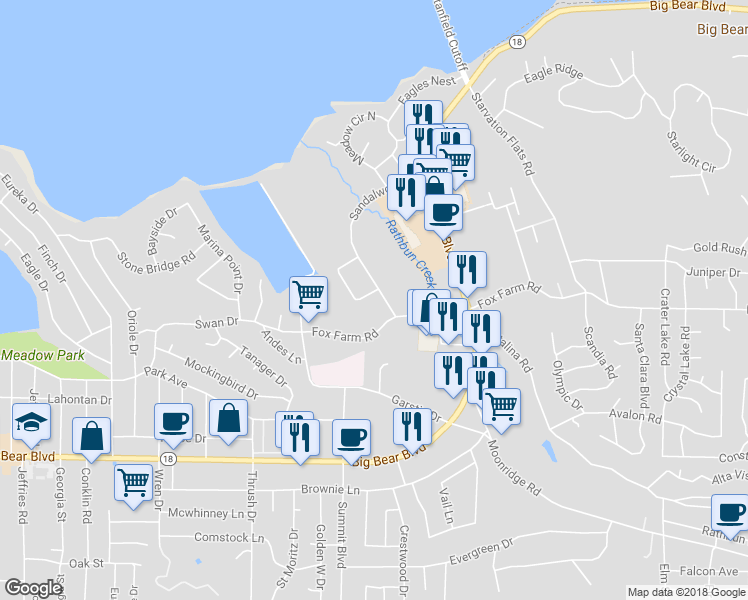 map of restaurants, bars, coffee shops, grocery stores, and more near 100 Business Center Drive in Big Bear Lake