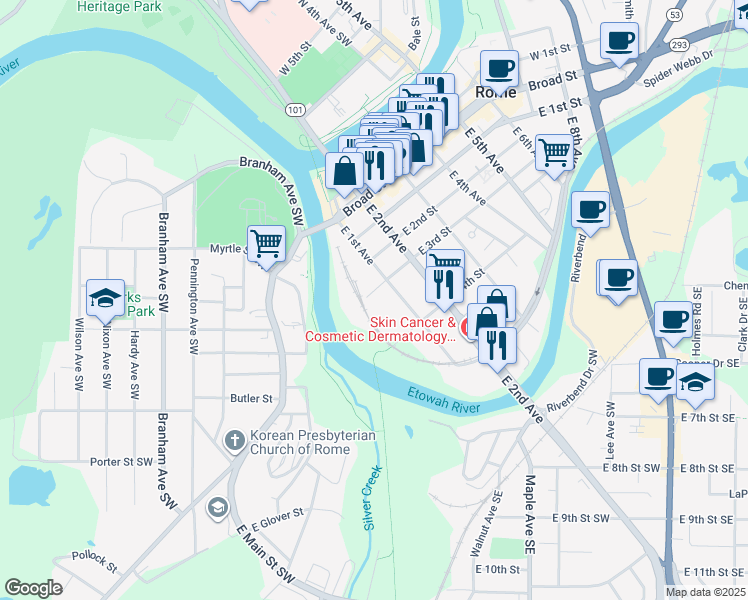 map of restaurants, bars, coffee shops, grocery stores, and more near 1 East 3rd Street in Rome