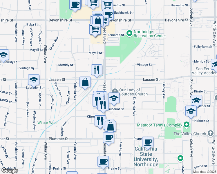 map of restaurants, bars, coffee shops, grocery stores, and more near 9830 Reseda Boulevard in Los Angeles