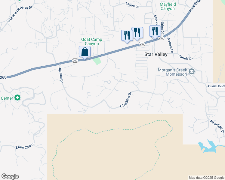 map of restaurants, bars, coffee shops, grocery stores, and more near Highline Dr in Star Valley