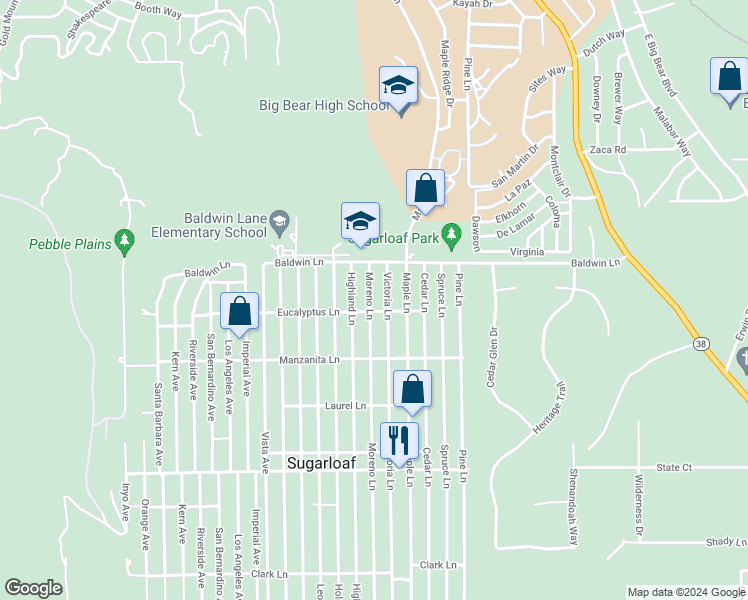map of restaurants, bars, coffee shops, grocery stores, and more near 175 Moreno Lane in Sugarloaf