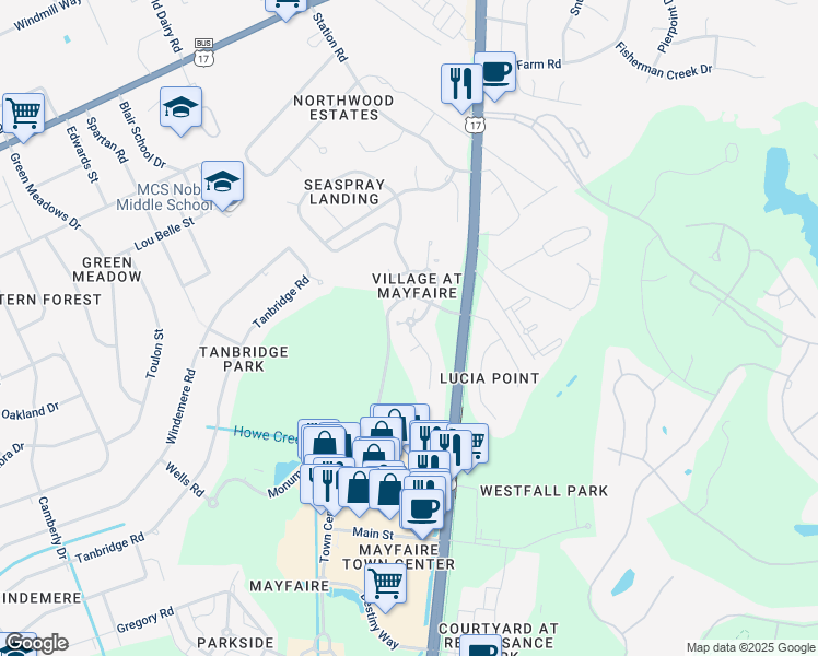 map of restaurants, bars, coffee shops, grocery stores, and more near 6809 Mayfaire Club Drive in Wilmington