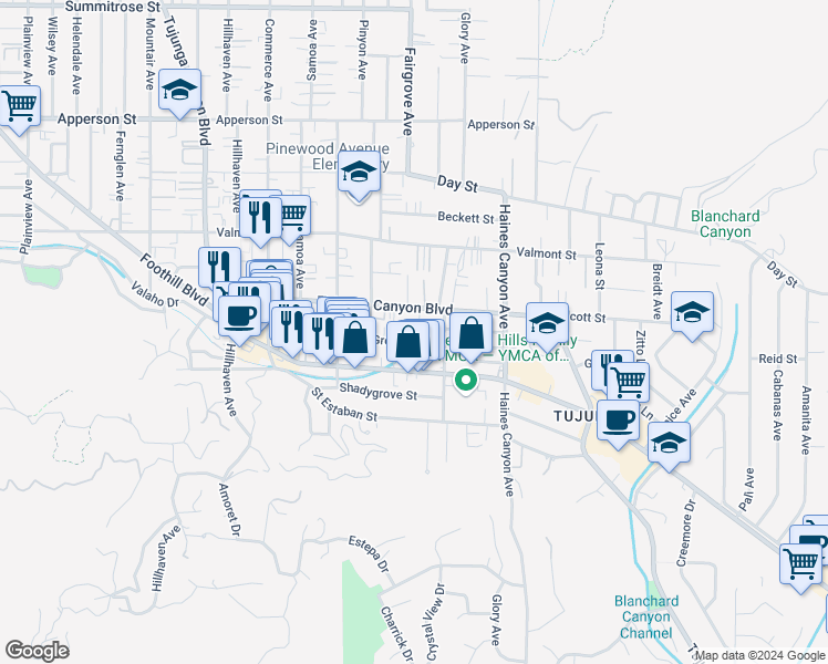 map of restaurants, bars, coffee shops, grocery stores, and more near 6939 Greeley Street in Los Angeles