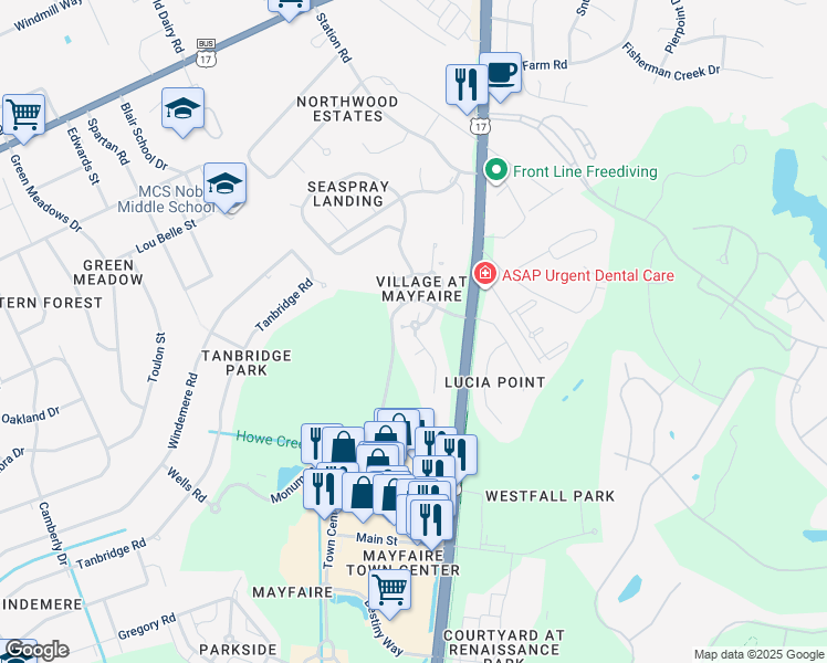 map of restaurants, bars, coffee shops, grocery stores, and more near 6809 Mayfaire Club Drive in Wilmington