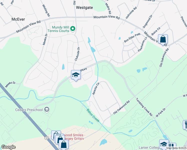map of restaurants, bars, coffee shops, grocery stores, and more near 4325 Birch Meadow Trail in Gainesville