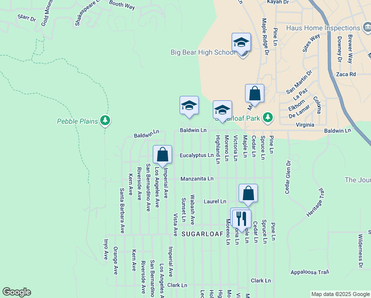 map of restaurants, bars, coffee shops, grocery stores, and more near 177 Sunset Lane in Big Bear
