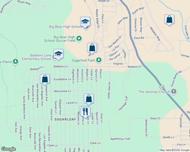 map of restaurants, bars, coffee shops, grocery stores, and more near Spruce Lane in Big Bear