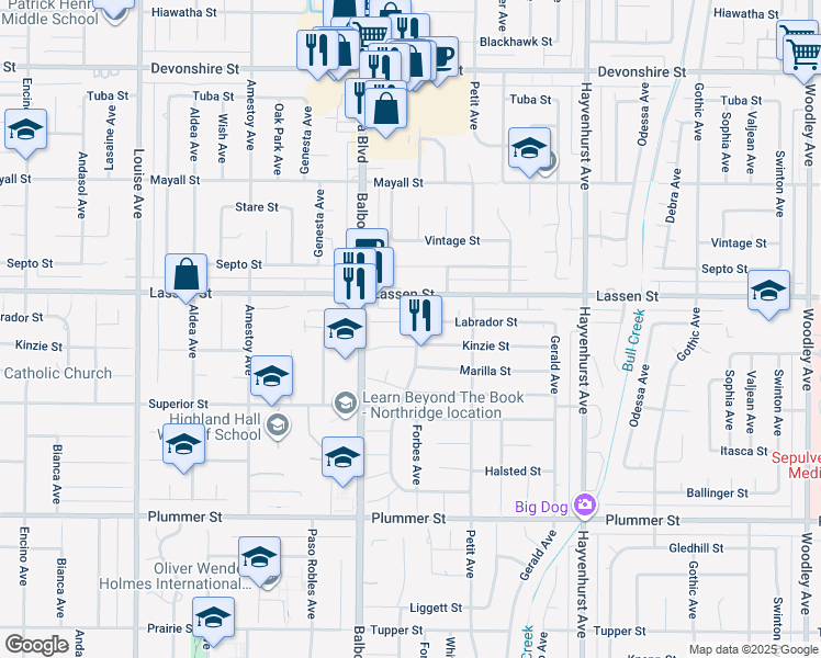 map of restaurants, bars, coffee shops, grocery stores, and more near 16900 Labrador Street in Los Angeles