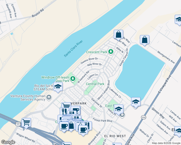 map of restaurants, bars, coffee shops, grocery stores, and more near 3214 North Ventura Road in Oxnard