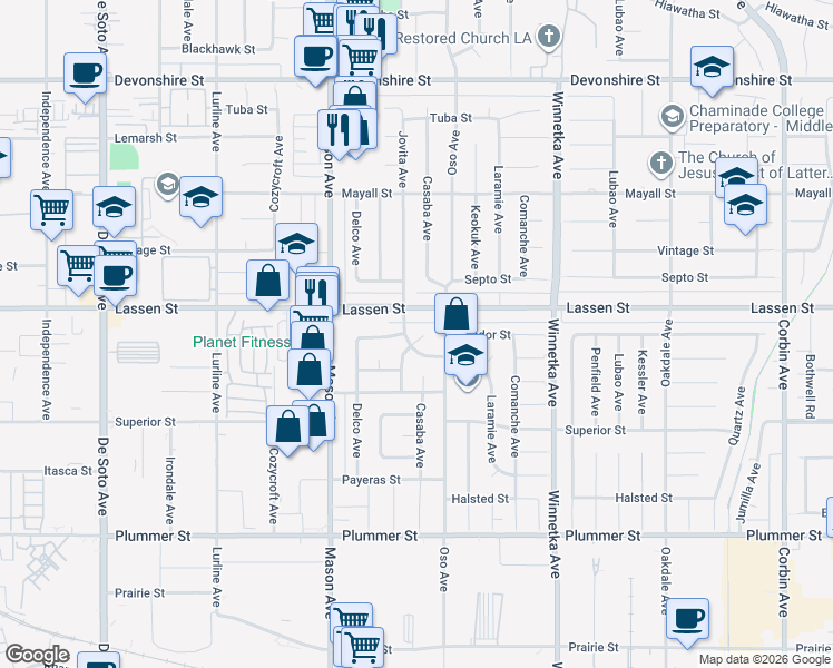 map of restaurants, bars, coffee shops, grocery stores, and more near 9837 Jovita Place in Chatsworth