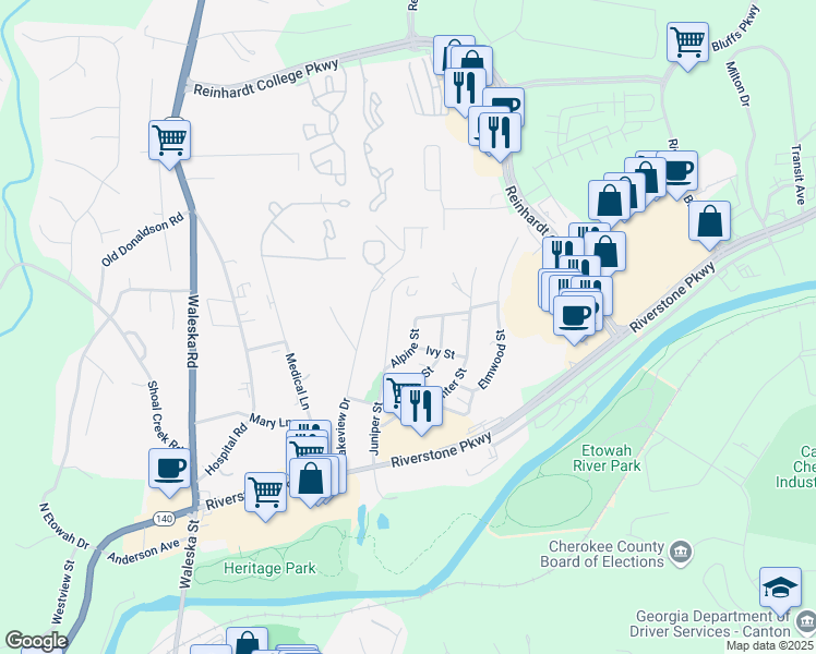 map of restaurants, bars, coffee shops, grocery stores, and more near 140 Juniper Street in Canton