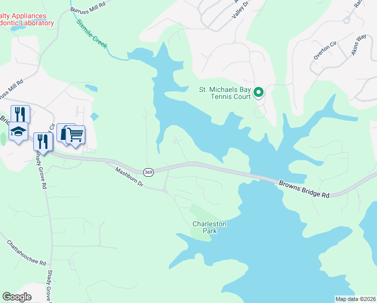 map of restaurants, bars, coffee shops, grocery stores, and more near 5730 Cains Cove Road in Cumming