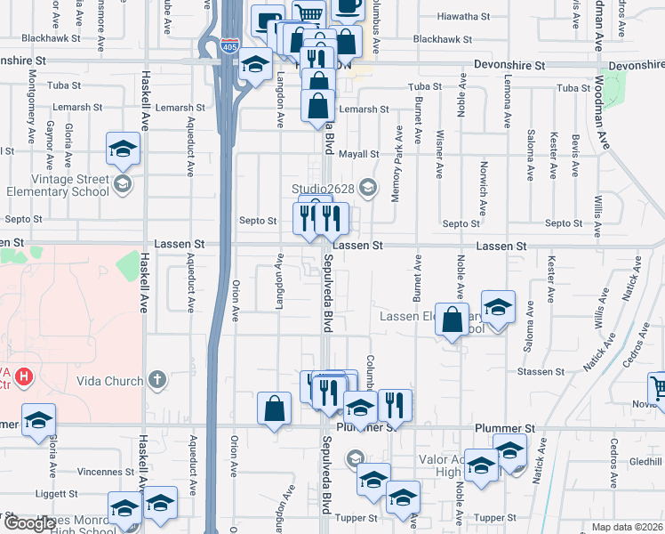map of restaurants, bars, coffee shops, grocery stores, and more near 9834 Sepulveda Boulevard in Los Angeles