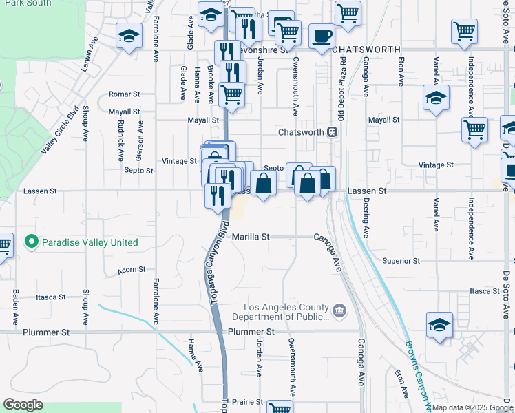map of restaurants, bars, coffee shops, grocery stores, and more near 21726 Lassen Street in Los Angeles