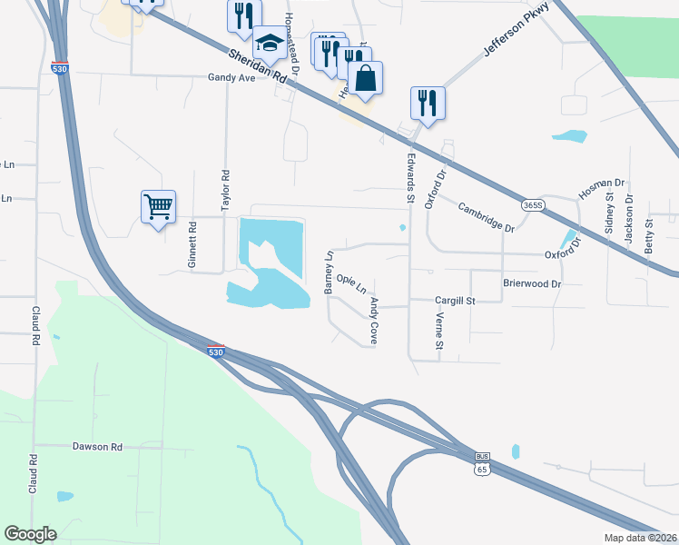map of restaurants, bars, coffee shops, grocery stores, and more near 1808 Barney Lane in White Hall