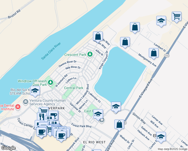 map of restaurants, bars, coffee shops, grocery stores, and more near 3357 Kings Canyon Drive in Oxnard