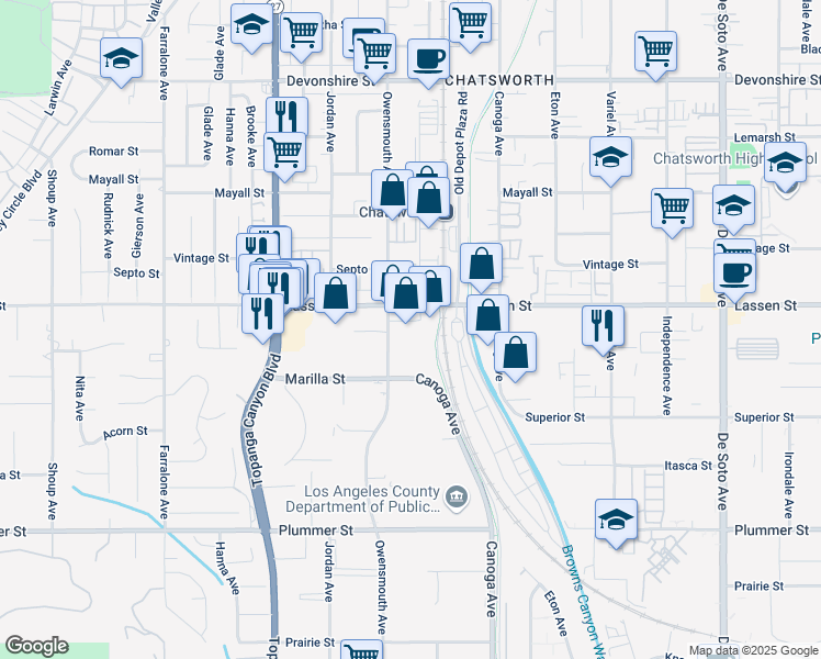 map of restaurants, bars, coffee shops, grocery stores, and more near 21620 Lassen Street in Los Angeles