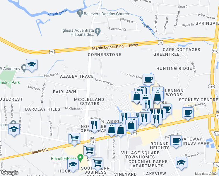 map of restaurants, bars, coffee shops, grocery stores, and more near 4621 Crawdad Court in Wilmington