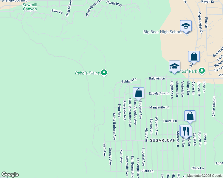 map of restaurants, bars, coffee shops, grocery stores, and more near 170 Santa Barbara Avenue in Big Bear