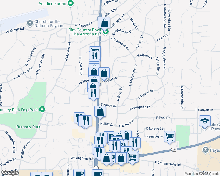 map of restaurants, bars, coffee shops, grocery stores, and more near 202 East Jura Circle in Payson
