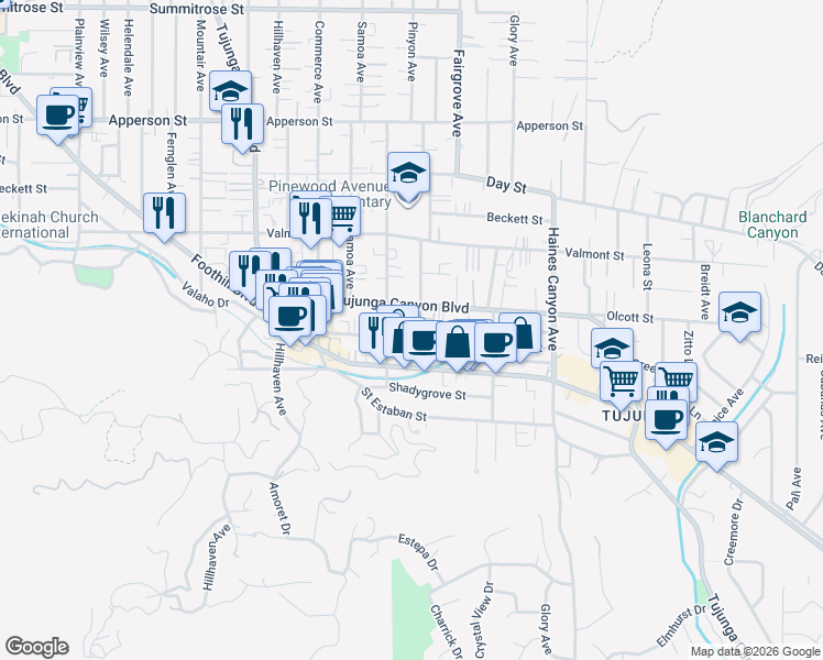 map of restaurants, bars, coffee shops, grocery stores, and more near 9952 Pinewood Avenue in Los Angeles