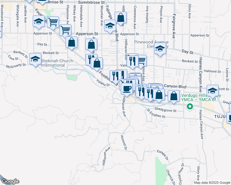 map of restaurants, bars, coffee shops, grocery stores, and more near 7310 Valaho Drive in Los Angeles