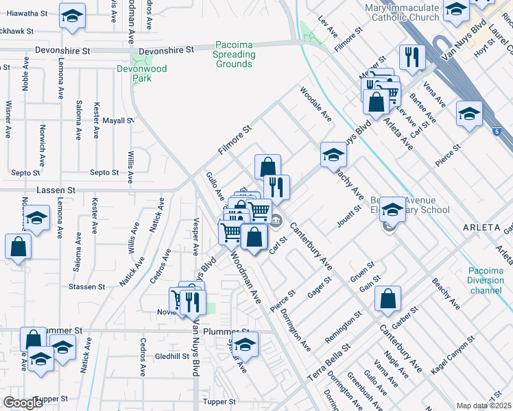 map of restaurants, bars, coffee shops, grocery stores, and more near 9880 Canterbury Avenue in Los Angeles