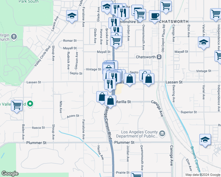map of restaurants, bars, coffee shops, grocery stores, and more near 9852 Topanga Canyon Boulevard in Los Angeles